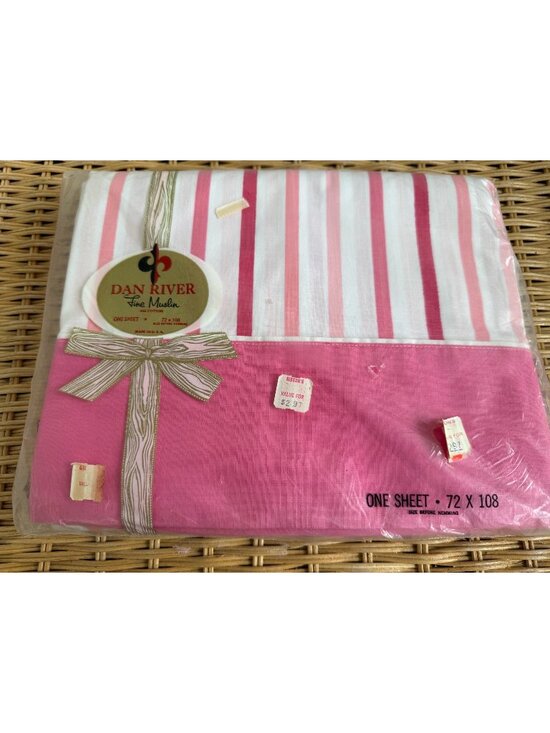 Dan River Other - Vintage 60s Dan River Cotton Flat Sheet Pink Stripe Twin NOS